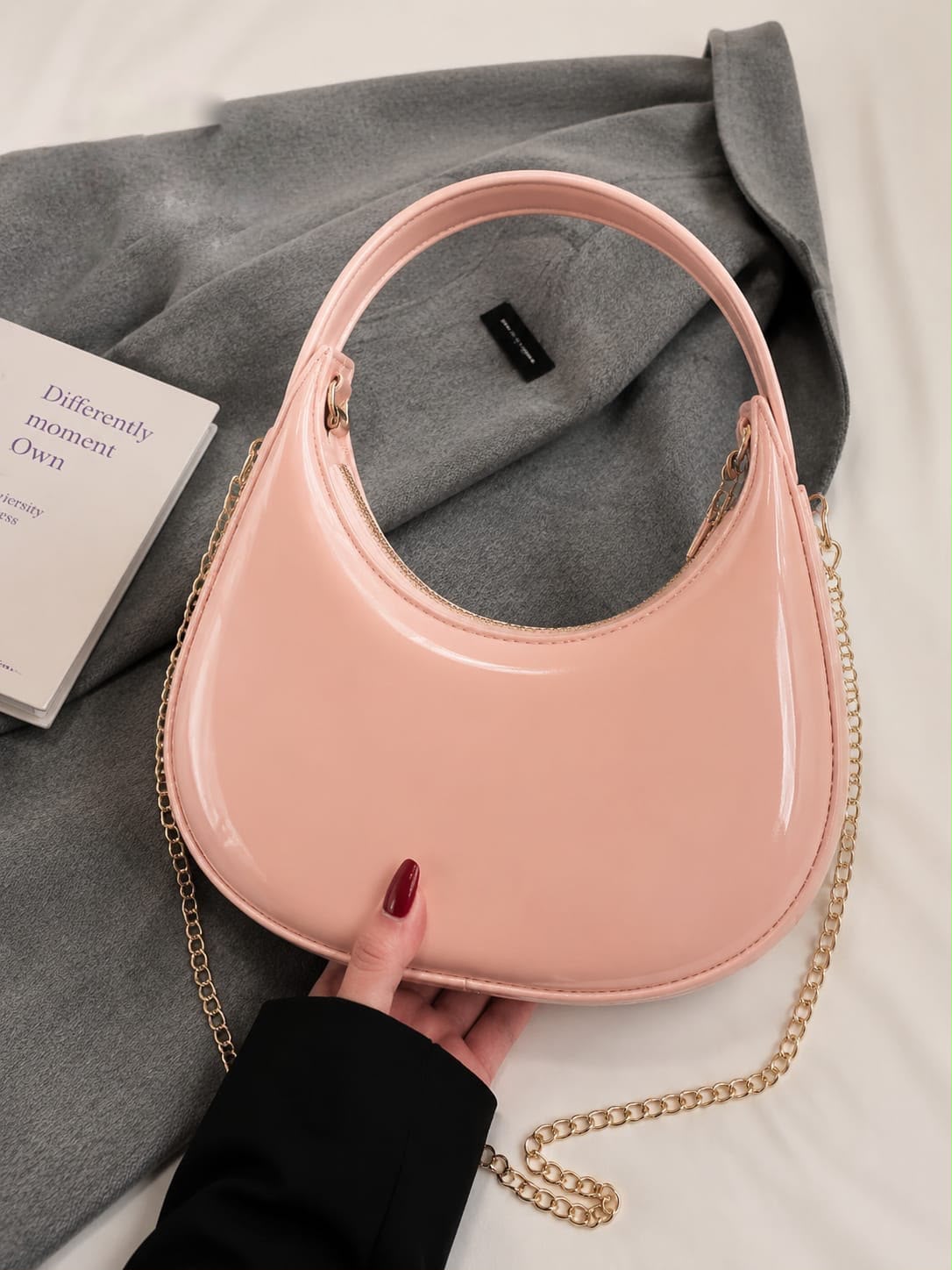 Glossy Patent Leather Shoulder Purse with Chain Strap